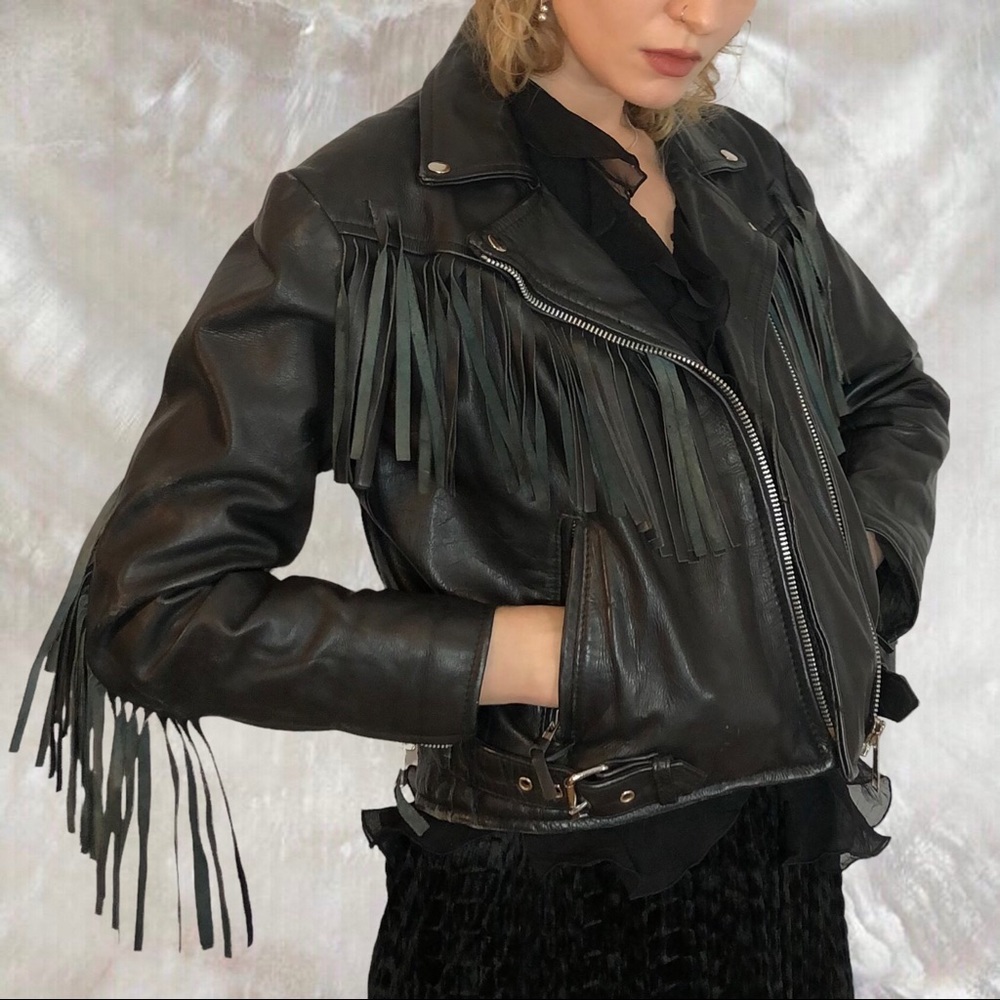 Vintage 70s 80s Black Leather Fringe Western Motorcycle Biker Jacket